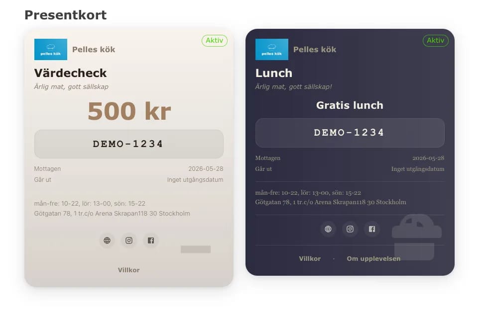 Värdekort med saldo (500 kr) bredvid upplevelsekort (3 luncher kvar) — sida vid sida
