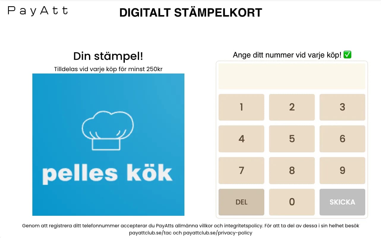 Registreringsskärmen vid kassan — kunden registrerar sig med sitt mobilnummer