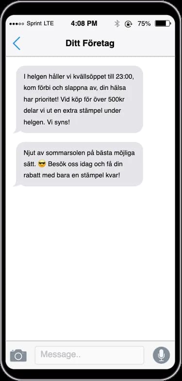 Så ser utskicket ut i kundens mobil — två exempel-SMS från ditt företag