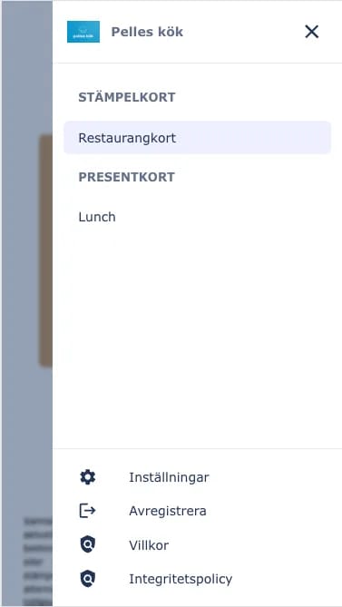 Value Portal — menyn med stämpelkort, presentkort och inställningar