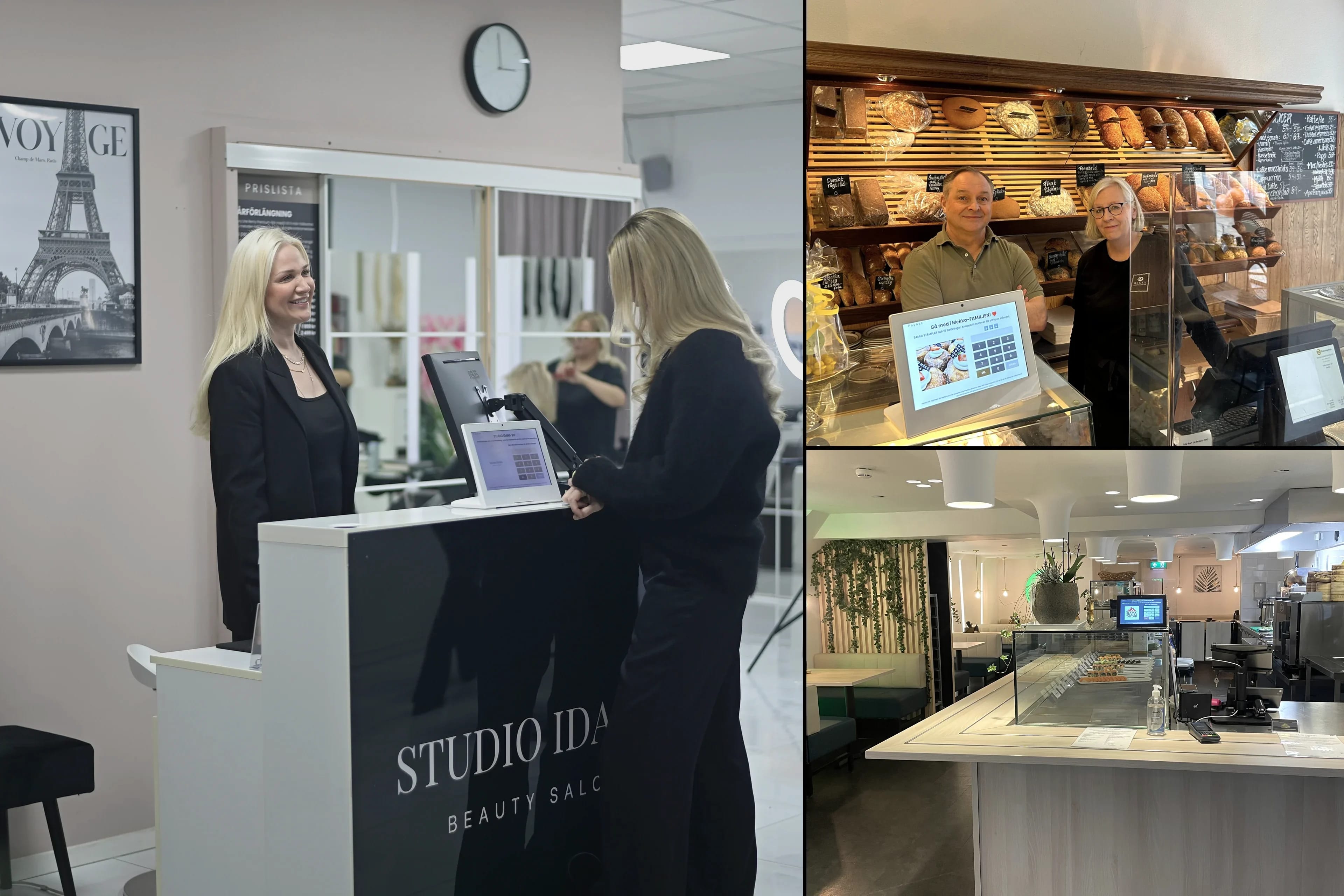 Three venues running PayAtt: a salon where a customer signs up on the display at the counter, a patisserie and a sushi restaurant.