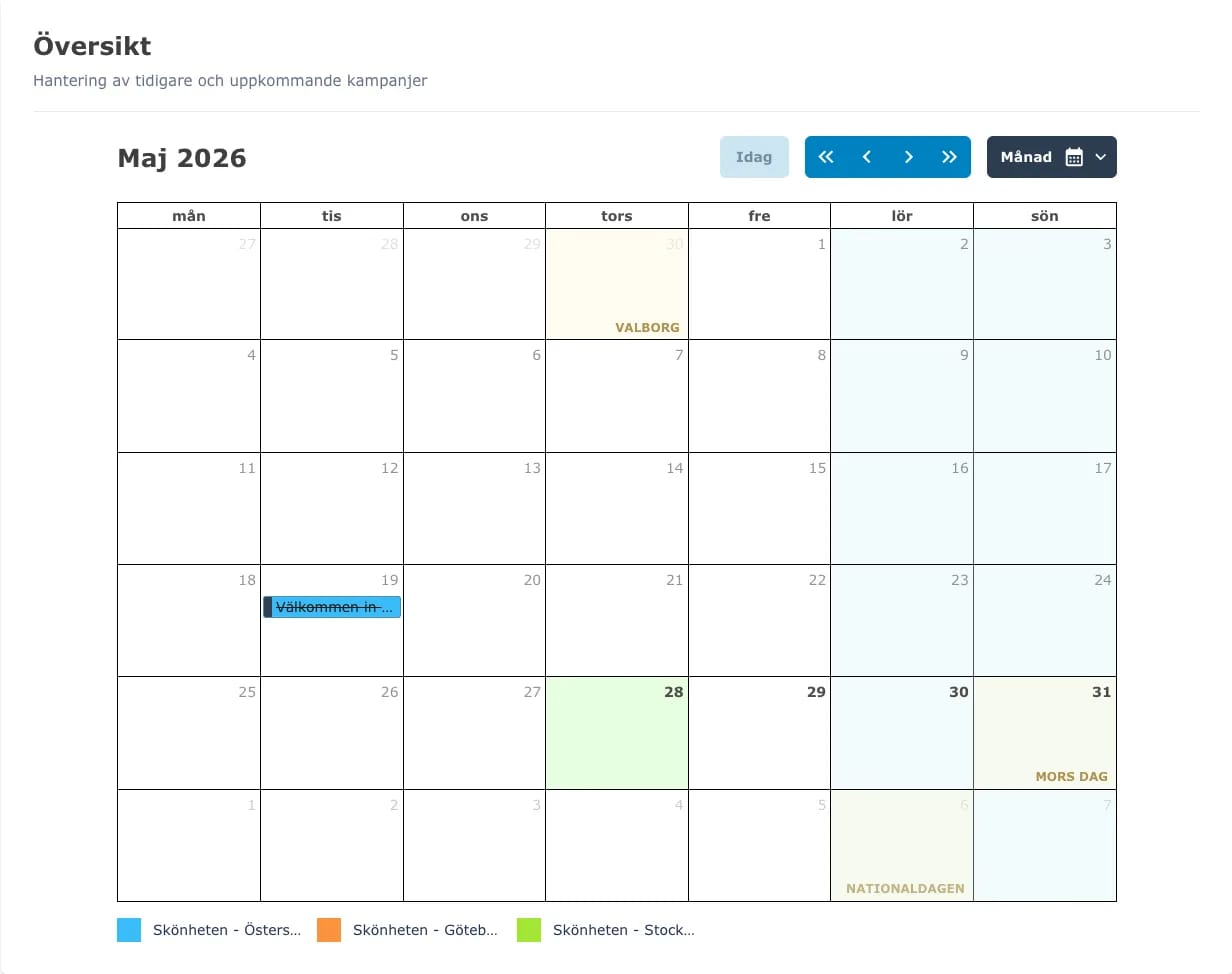Kampanjkalender — översikt över schemalagda och tidigare SMS-utskick