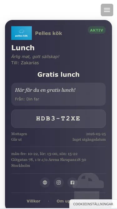 Det färdiga presentkortet i mottagarens mobil — saldo och inlösningsknapp
