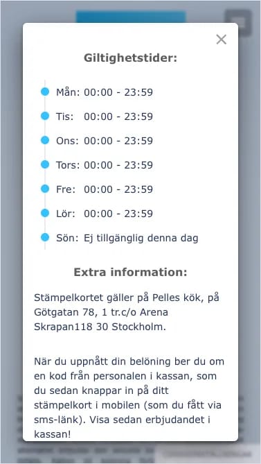 Stämpelkortet med utfälld extra information — villkor och belöningsdetaljer